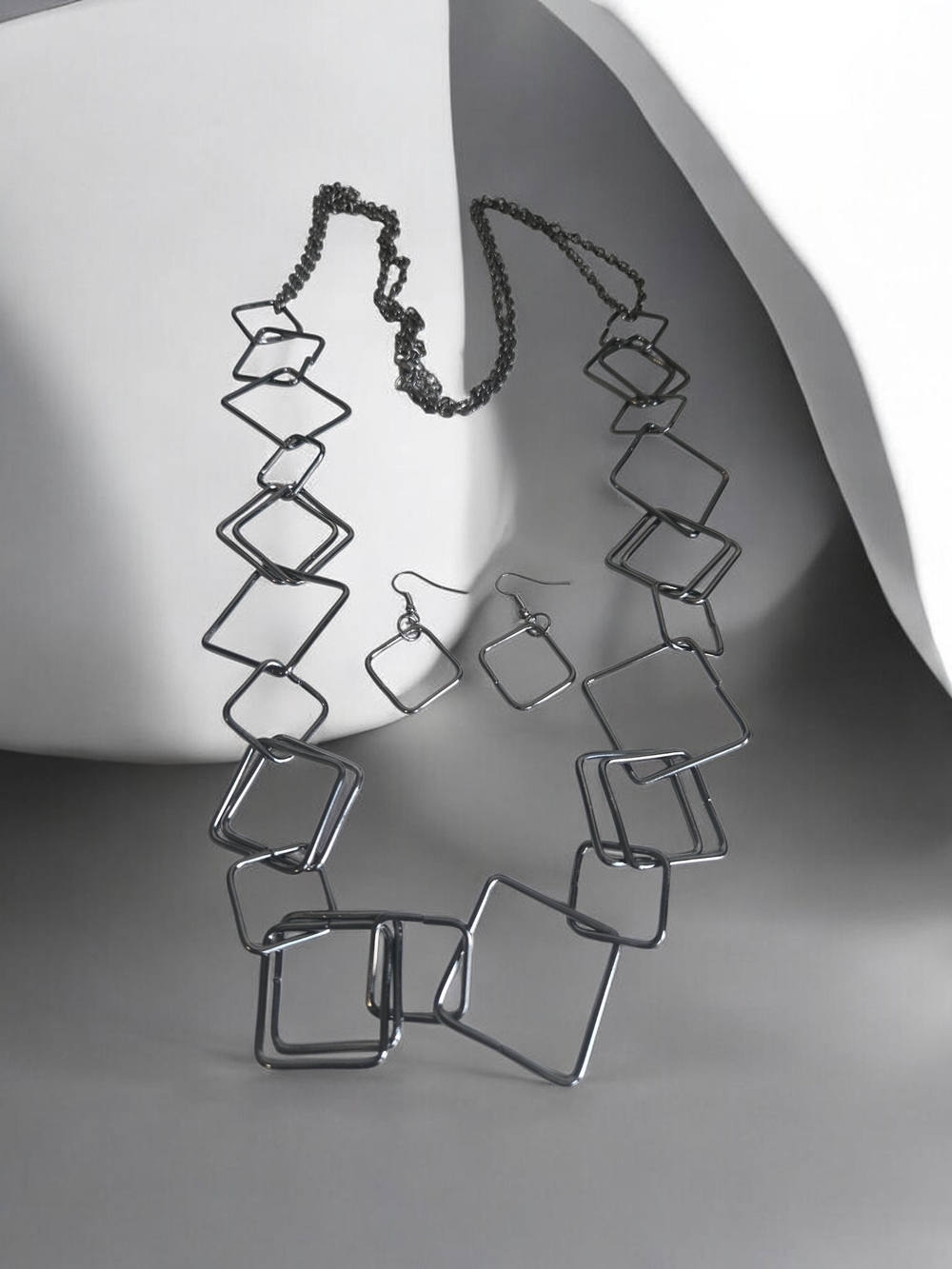 Geometric Square-Link Necklace and Earring Set